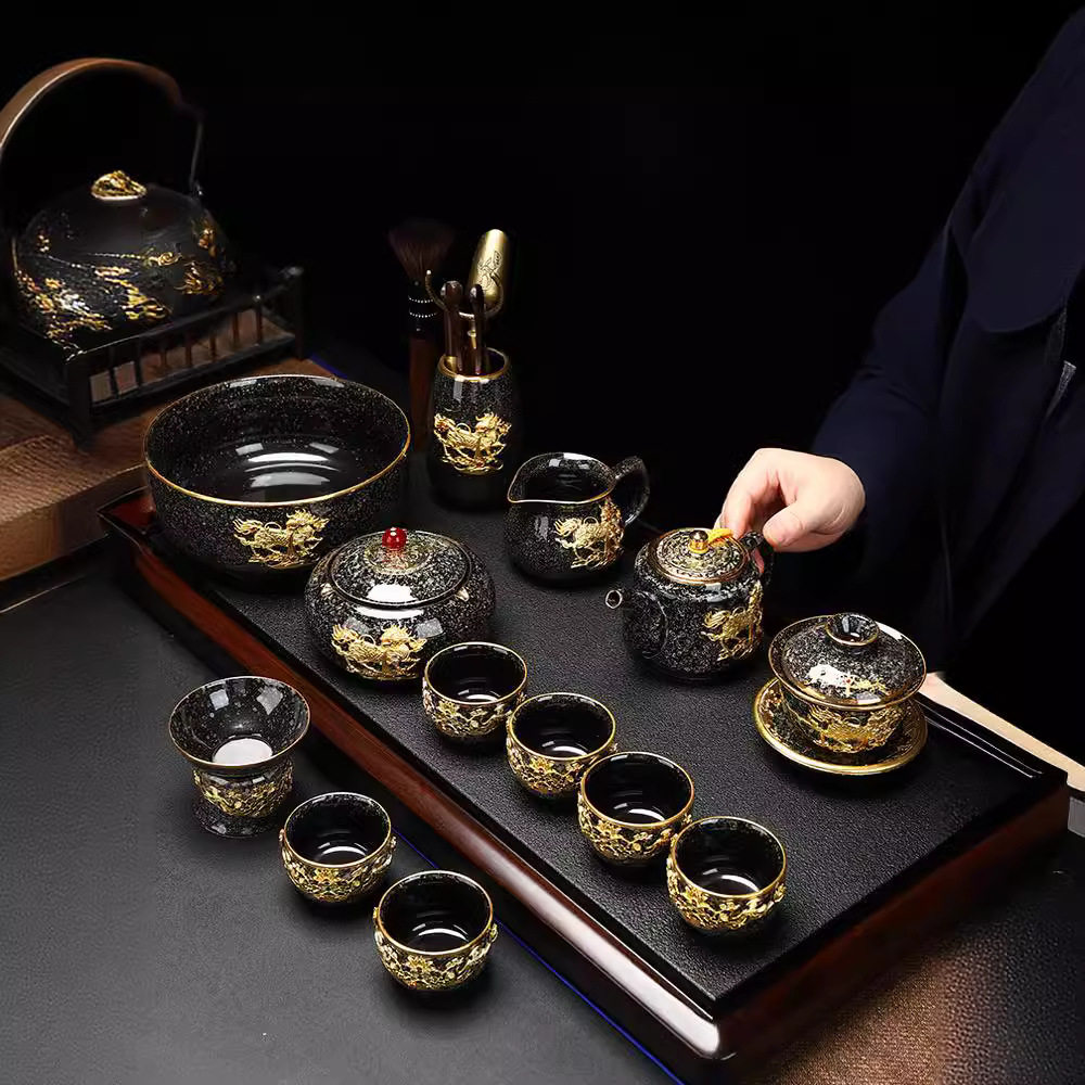 新款中式金龙腾窑变黑釉建盏家用茶杯盖碗办公泡茶器功夫茶具套装