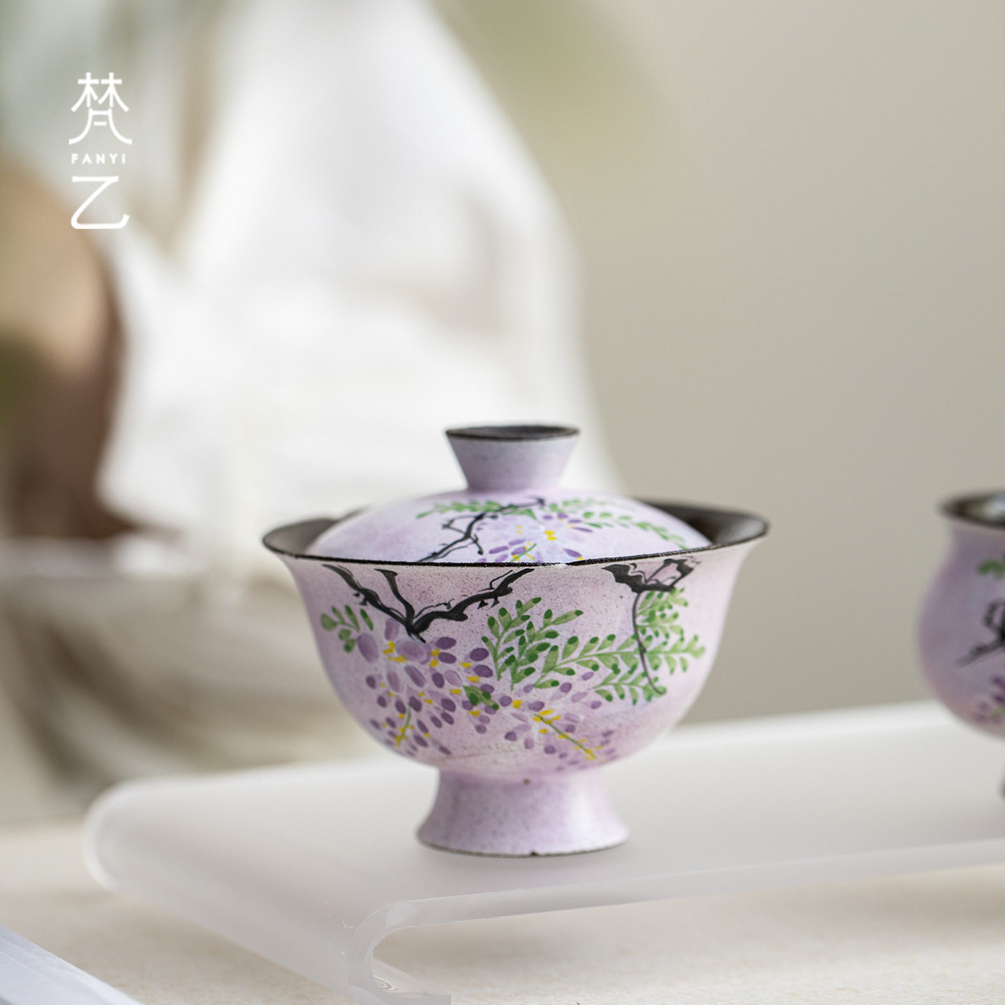 梵乙粗陶手绘紫藤花盖碗复古小清新家用陶瓷泡茶碗功夫茶具敬茶碗