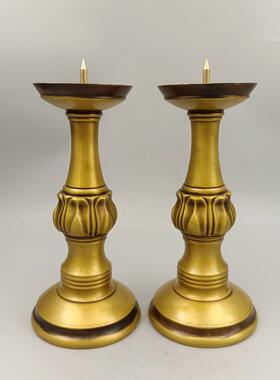 古玩铜器收藏铜摆件 荷苞光面铜蜡台一对 家居装饰桌面创意礼品