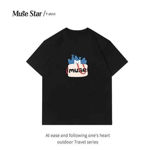 MUSESTAR休闲风短袖T恤男女宽松卡通印花纯棉上衣圆领吸汗旅行