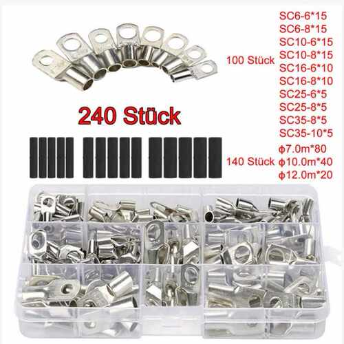 240pcs窥口铜管端子SC接线端子100PCS+140PCS铜鼻子热缩管