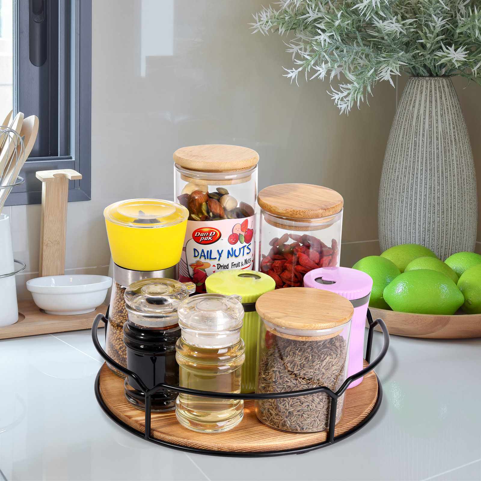 多功能木制转盘置物架 厨房办公双用 调味罐小物件收纳架直供