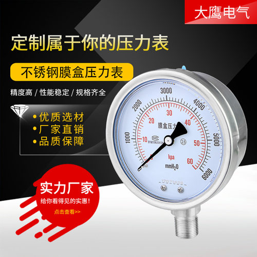 不锈钢膜盒压力表YE100BF 40KPa60耐硫压力表 耐高温耐腐蚀微压表