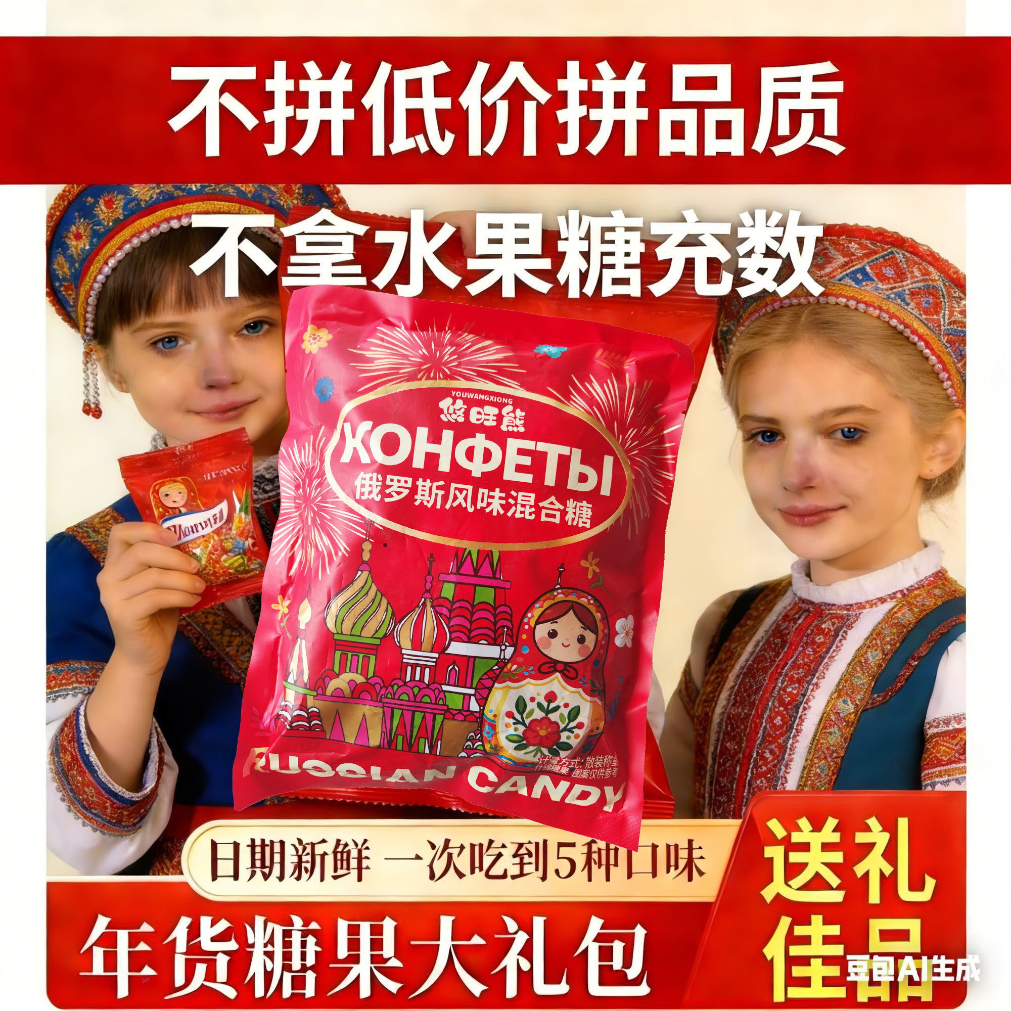 俄罗斯风味混合糖果500g混合味夹心软牛扎糖喜糖年货礼包新日期TZ