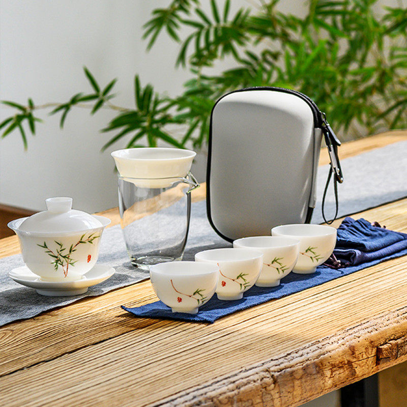 白瓷盖碗旅行茶具套装家用简约出门功夫茶壶户外便携快客杯泡茶器