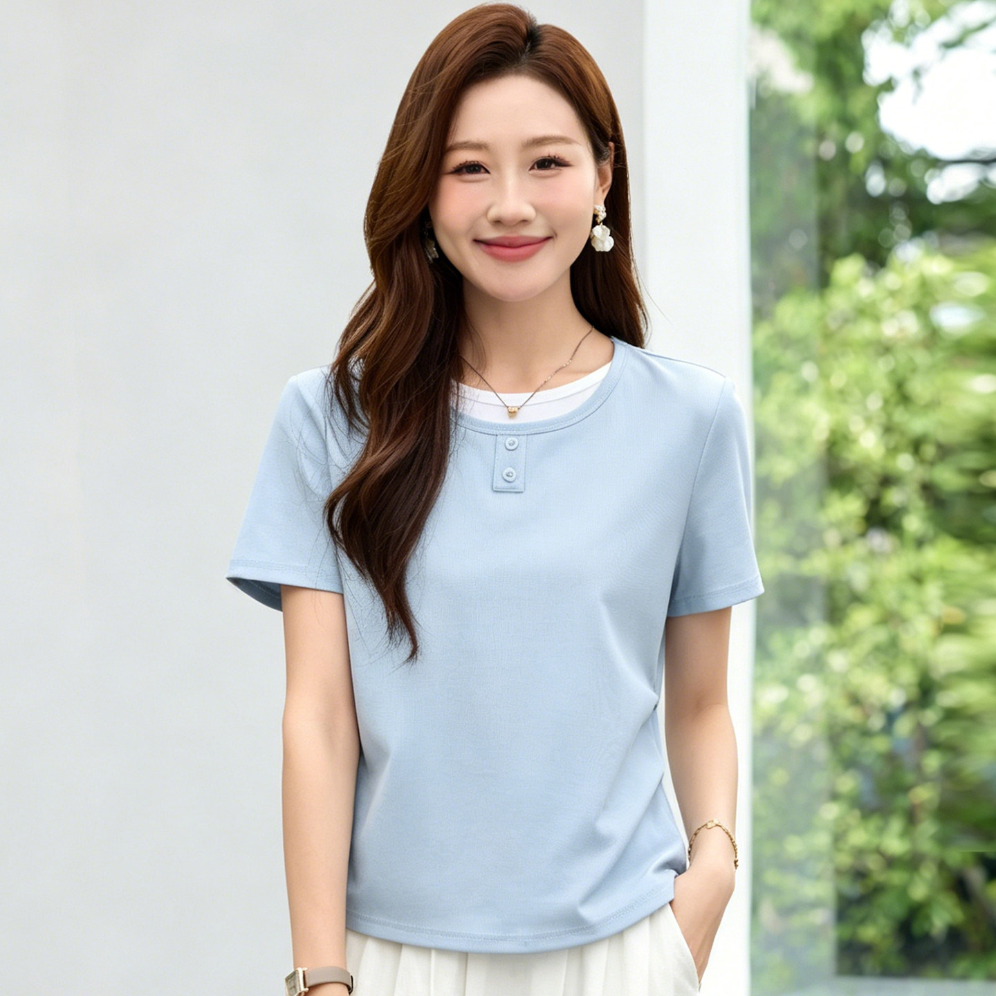 圆领假两件短袖t恤女2026夏季新款爆款修身半袖显瘦上衣纯色体桖