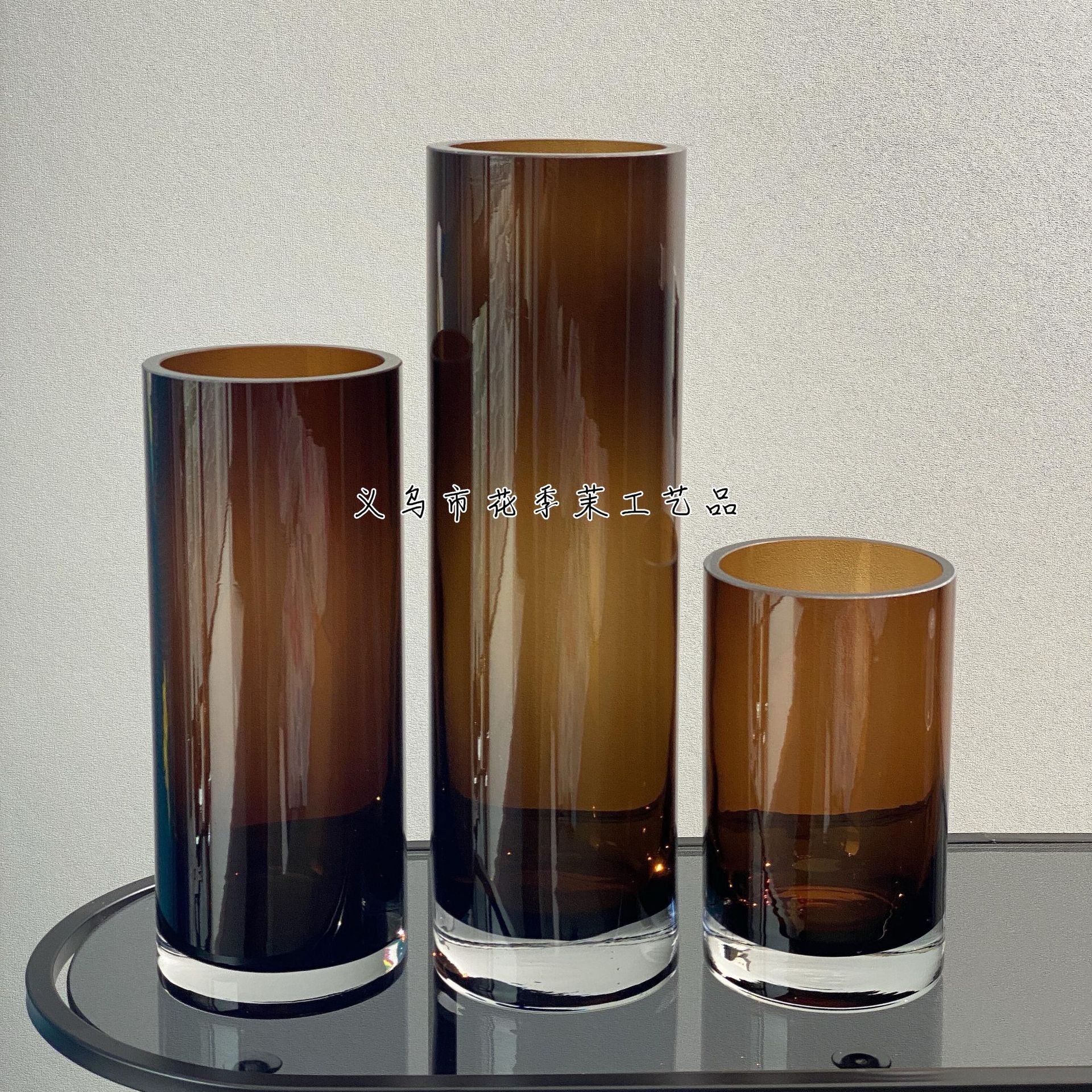 HJM-现代简约棕色琉璃直筒玻璃花瓶客厅餐厅酒店居家插花装饰摆件