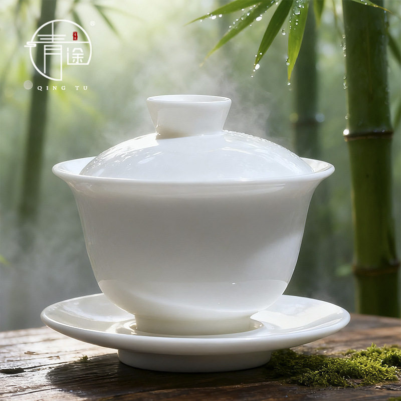 羊脂玉瓷茶具三才盖碗套装纯白瓷大号盖杯陶瓷防烫手泡冲茶器定制