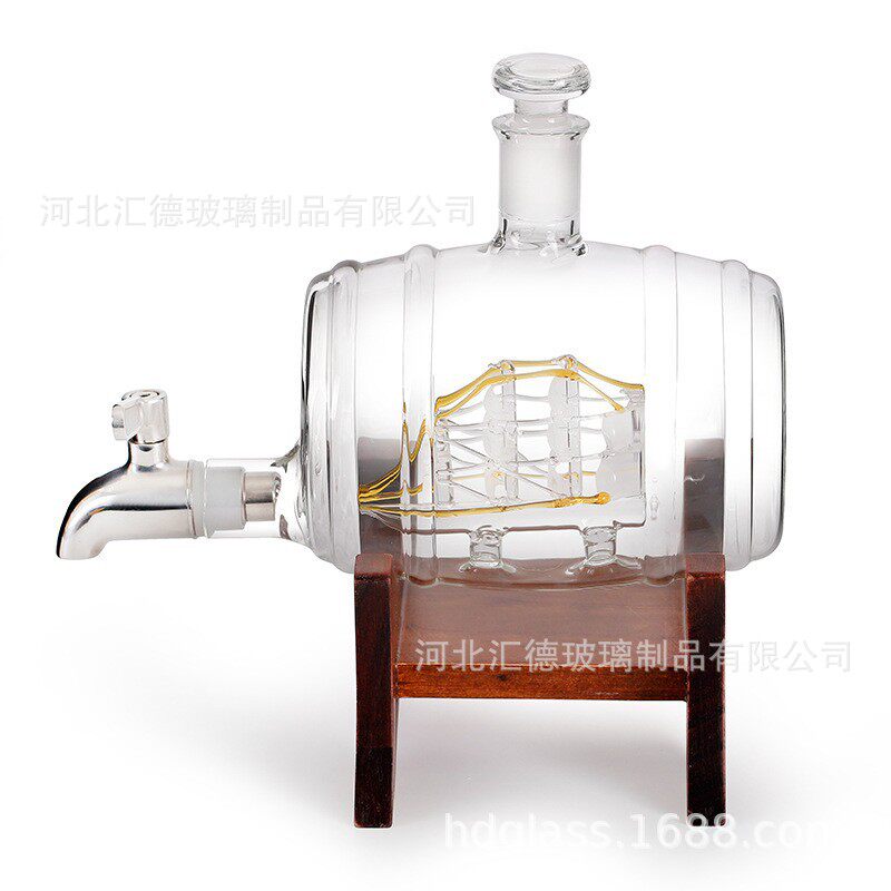 帆船酒瓶 醒酒器木架带龙头洋酒酒桶造型玻璃瓶 威士忌酒瓶