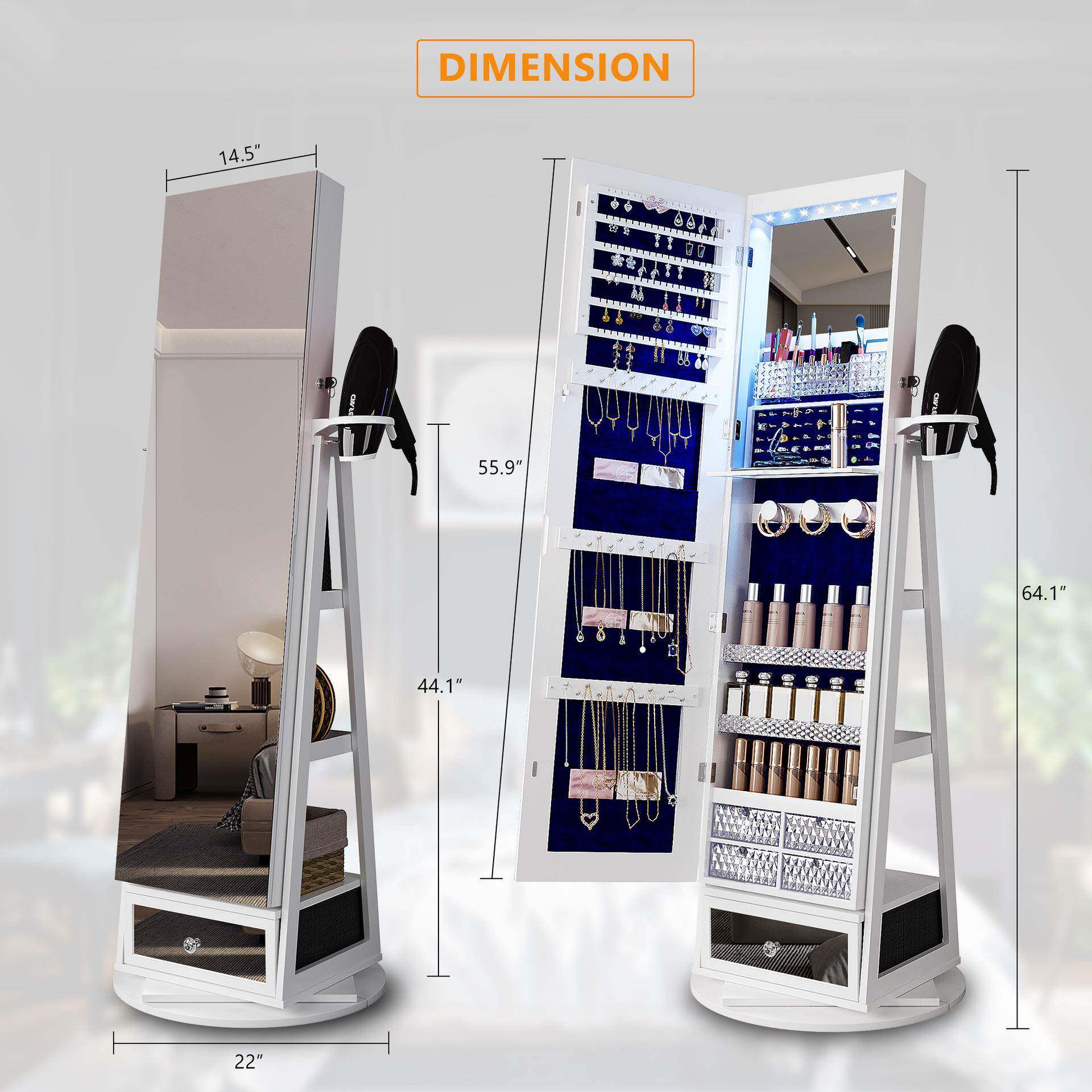 带 LED落地镜珠宝柜 带可折叠化妆架 360°可旋转珠宝衣橱收纳器