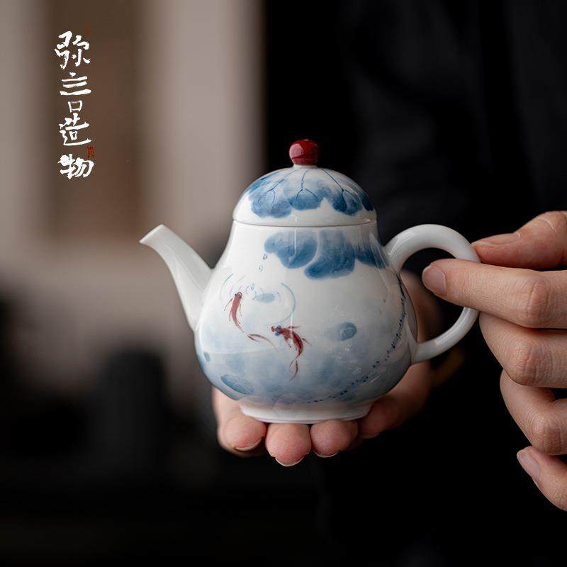 弥言白瓷手绘鱼戏荷塘茶壶家用泡茶壶带过滤单壶纯手工陶瓷泡茶器,餐饮具,茶壶,淘宝优惠券,粉丝福利购,淘宝优惠卷