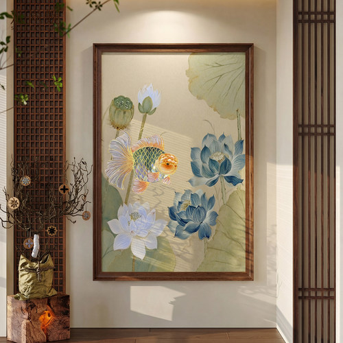 【新中式风】荷花鲤鱼图玄关挂画