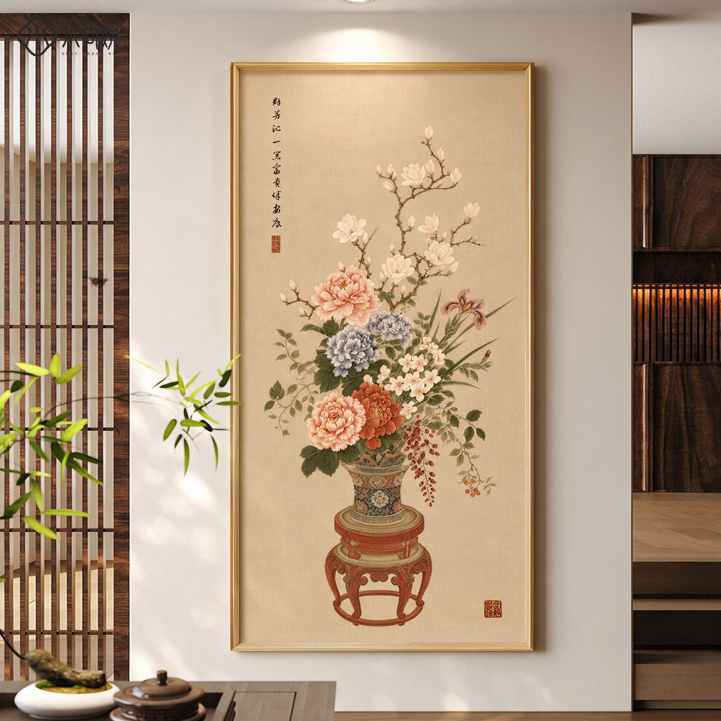 新中式花开富贵入户门玄关装饰画