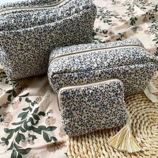 化妆包粉花洗漱包多功能纯棉便携柠檬刺绣新款兰花拉链丹麦橘子