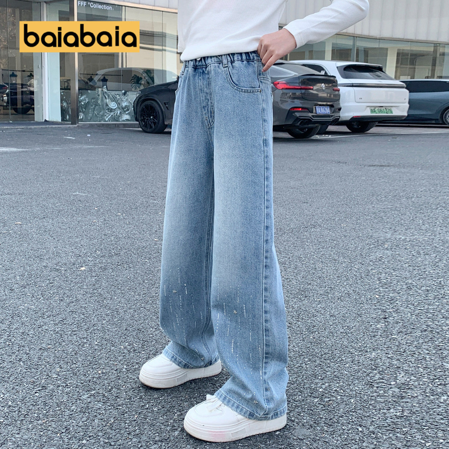 女童牛仔裤春秋新款直筒阔腿儿童裤子浅蓝色洋气胖孩儿童长裤休闲