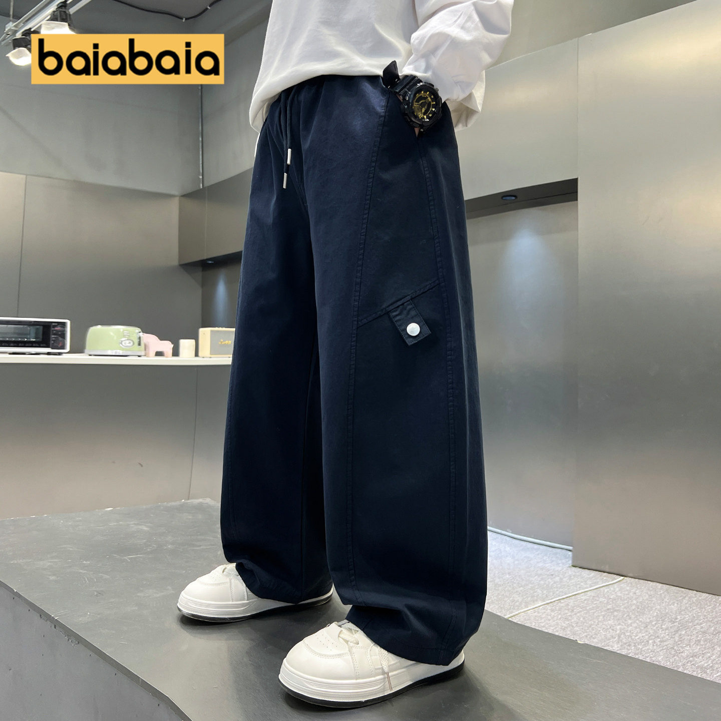 儿童童装男童裤子直筒纯棉男孩藏青色中大童阔腿长裤春秋新款春季