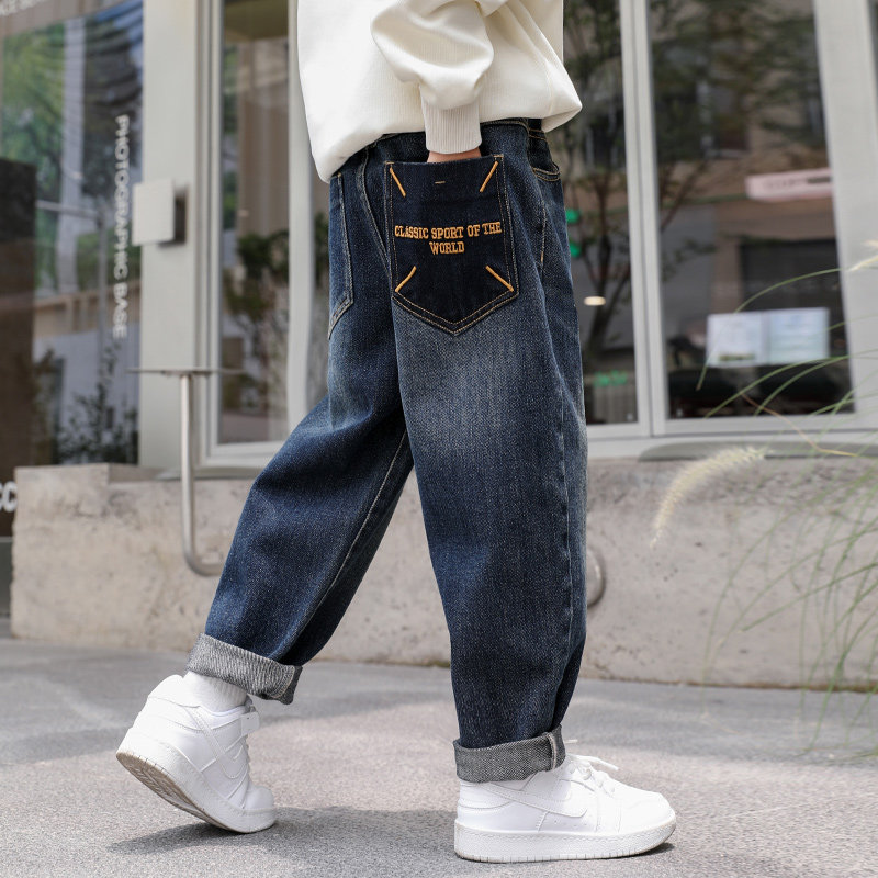 男童牛仔裤春秋新款直筒春季冬天一体绒加绒厚男孩儿童中大童长裤