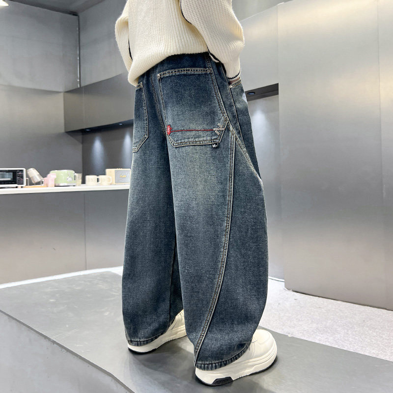 男童裤子春秋新款弯刀窄版儿童装中大童长裤阔腿牛仔裤春季直筒潮