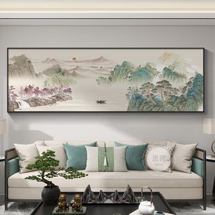 客厅装饰画新中式风景水墨山水画沙发背景墙挂画湖山春暖靠山壁画