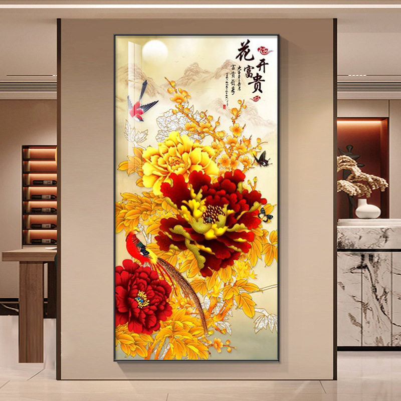 玄关装饰画花开富贵入户走廊过道挂画牡丹花鸟寓意好竖版晶瓷壁画,家居饰品,现代装饰画,淘宝优惠券,粉丝福利购,淘宝优惠卷