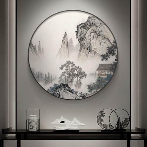 新中式装饰画办公室圆形入户玄关客厅画山水画禅意茶室挂画水墨画
