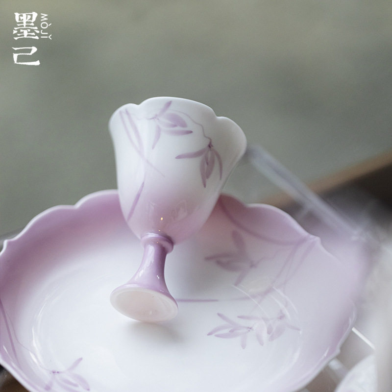 墨己玉泥高足仿宋花口茶杯渐变紫手绘兰花家用品茗杯功夫茶具单杯