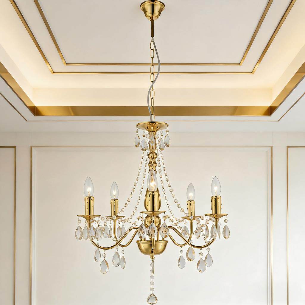 金色水晶吊灯5头E14轻奢客厅餐厅灯欧式蜡烛水晶灯卧室书房吊灯具