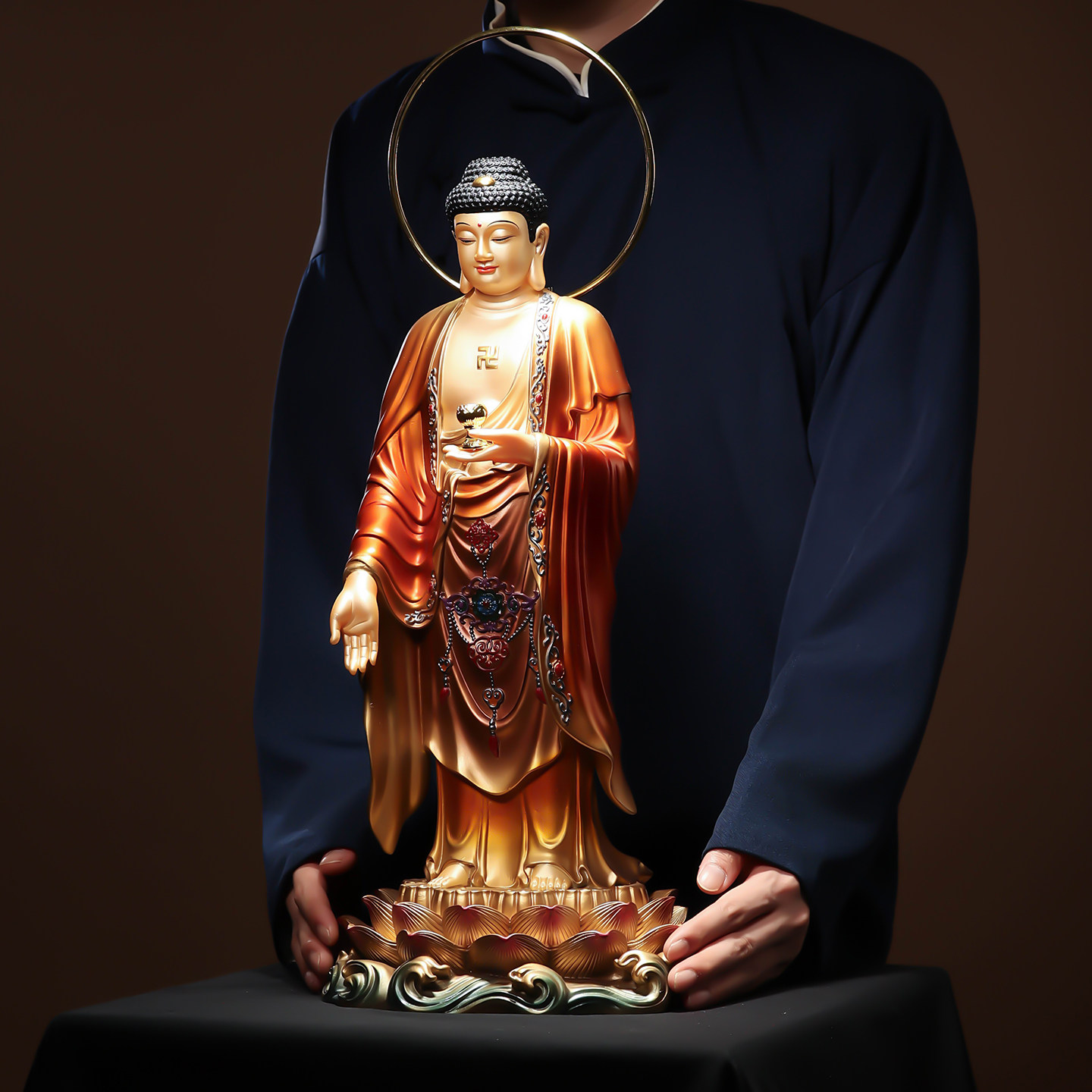 翡铜彩珐琅贴金阿弥陀佛佛像金身像家用佛堂西方三圣佛像供奉摆件