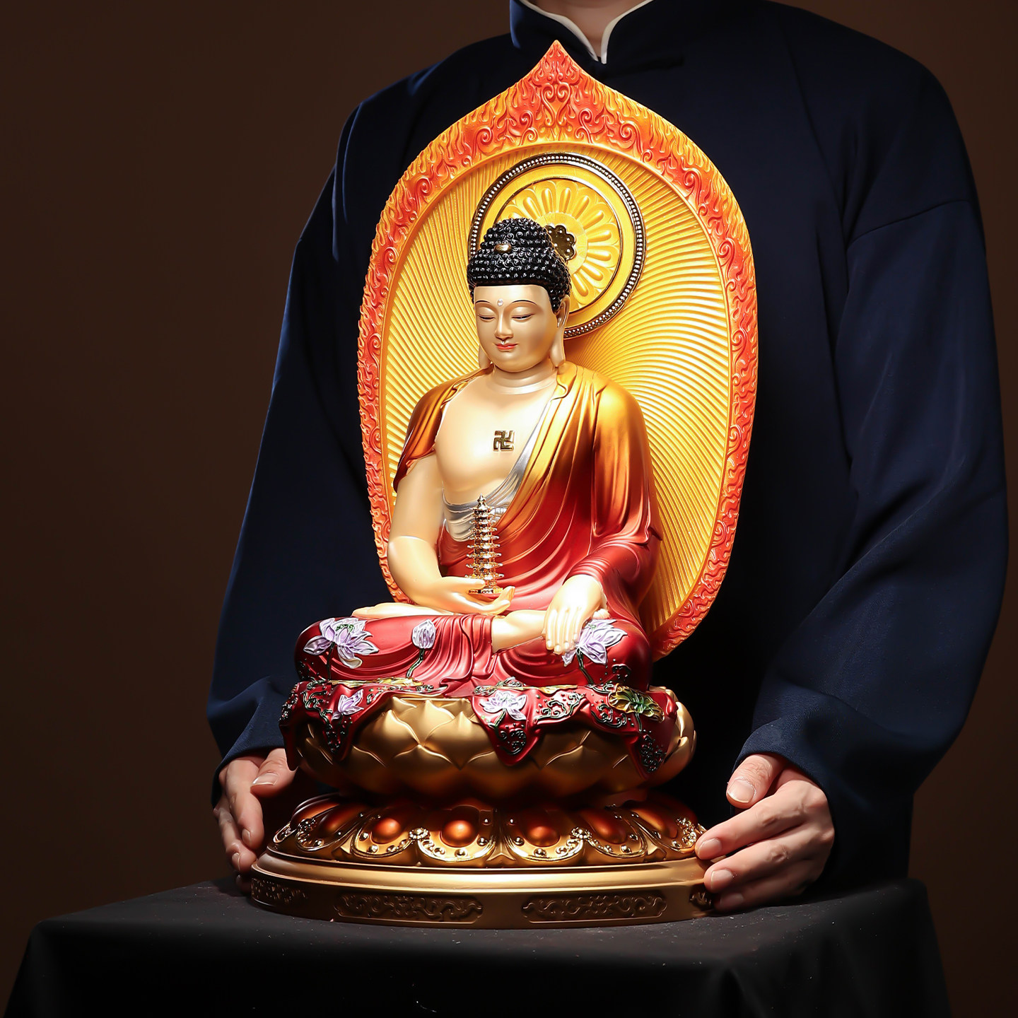 翡铜彩释迦牟尼佛神像三宝佛佛像如来佛祖阿弥陀佛药师佛坐像摆件
