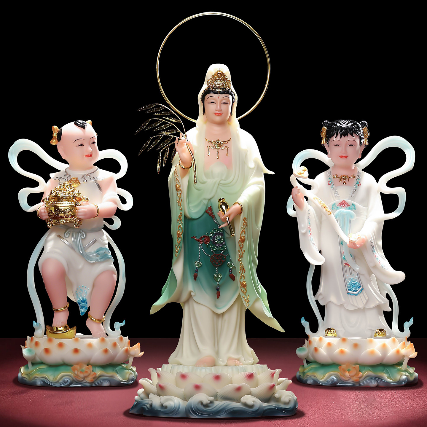 汉白玉观音站像佛像金童玉女一对供奉摆件观音菩萨善财童子龙女像
