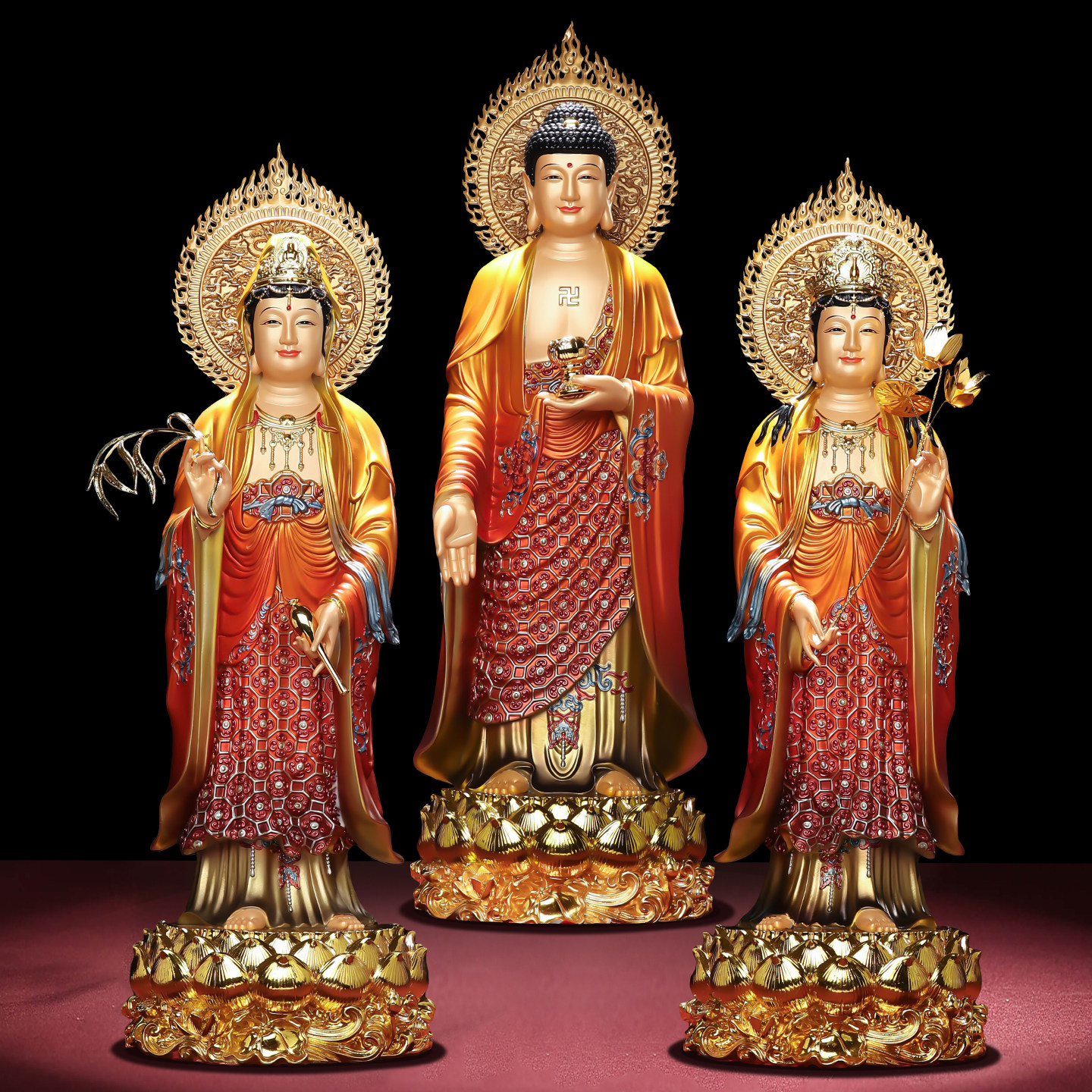 翡铜彩珐琅贴金西方三圣佛像阿弥陀佛金身像观世音菩萨大精进菩萨