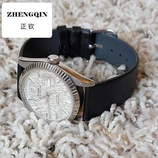 适用头层真牛皮超薄平纹表带黑棕色金扣灰色里皮防汗半包边表带