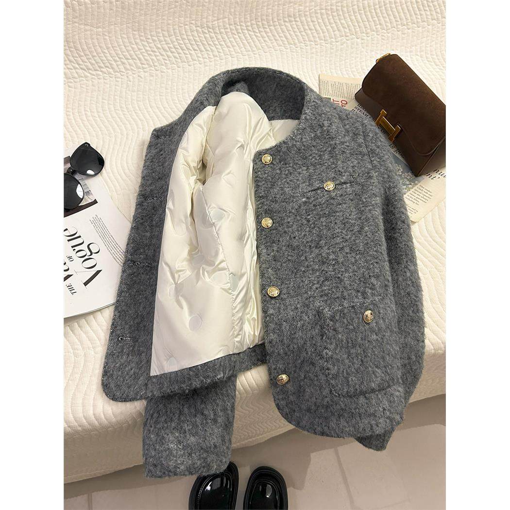 灰色羽绒内胆小香风短外套女2024冬装新款洋气高级羊毛呢子上衣,女装/女士精品,短外套,淘宝优惠券,粉丝福利购,淘宝优惠卷
