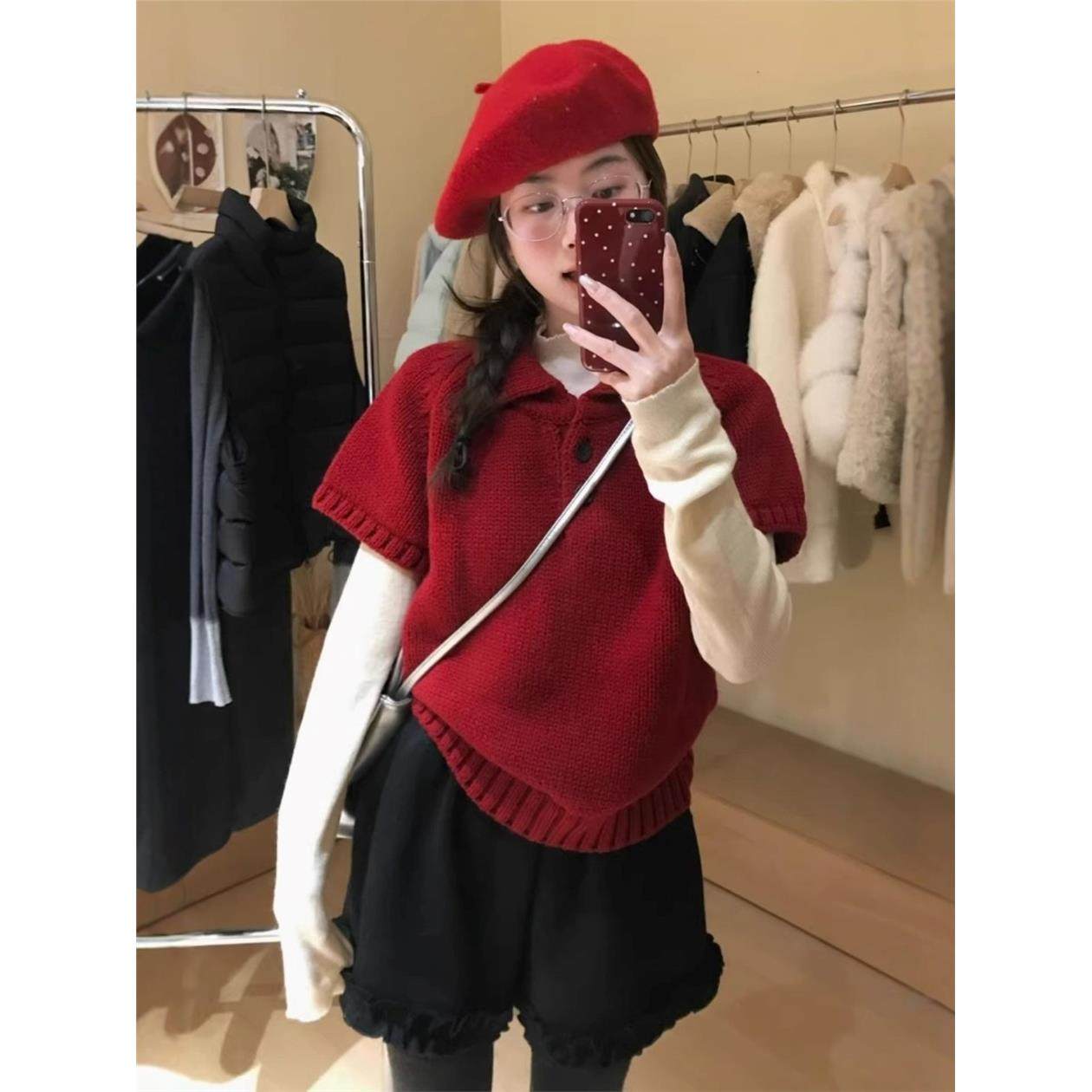 红色复古Polo领短袖毛衣女秋冬叠穿软糯针织衫节日氛围感穿搭上衣