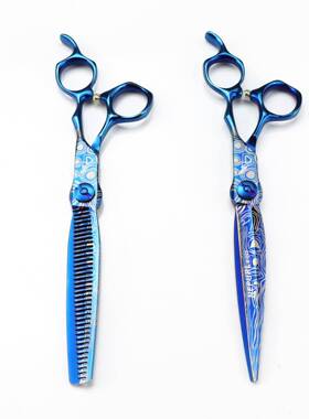 蓝色7.0寸奈普森 金色钢 大马士革 美发剪 理发剪 牙剪 打薄剪