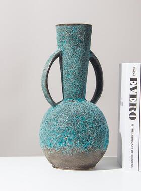 乐梦 创意复古花器蓝色双耳鲜花花瓶特色家居摆件装饰品大号花插