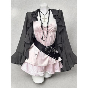 夏季新款日系古早感vintage穿搭叠穿长袖开衫辣妹吊带短裙三件套