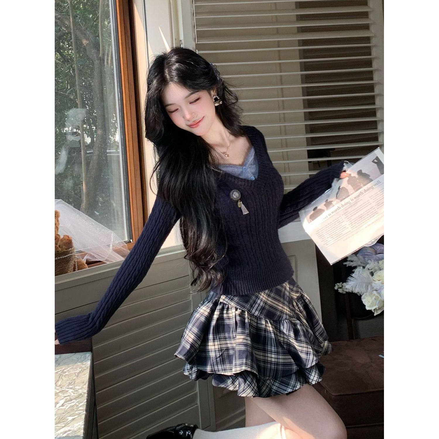 蓝屿日记 复古学院风撞色假两件针织毛衣+格纹蓬蓬蛋糕半身套装,女装/女士精品,时尚套装,淘宝优惠券,粉丝福利购,淘宝优惠卷