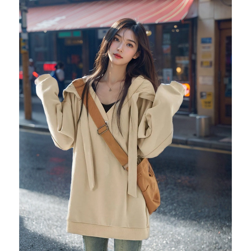 法式美拉德撞色假两件拼接卫衣女宽松设计感慵懒风高级感遮肚上衣