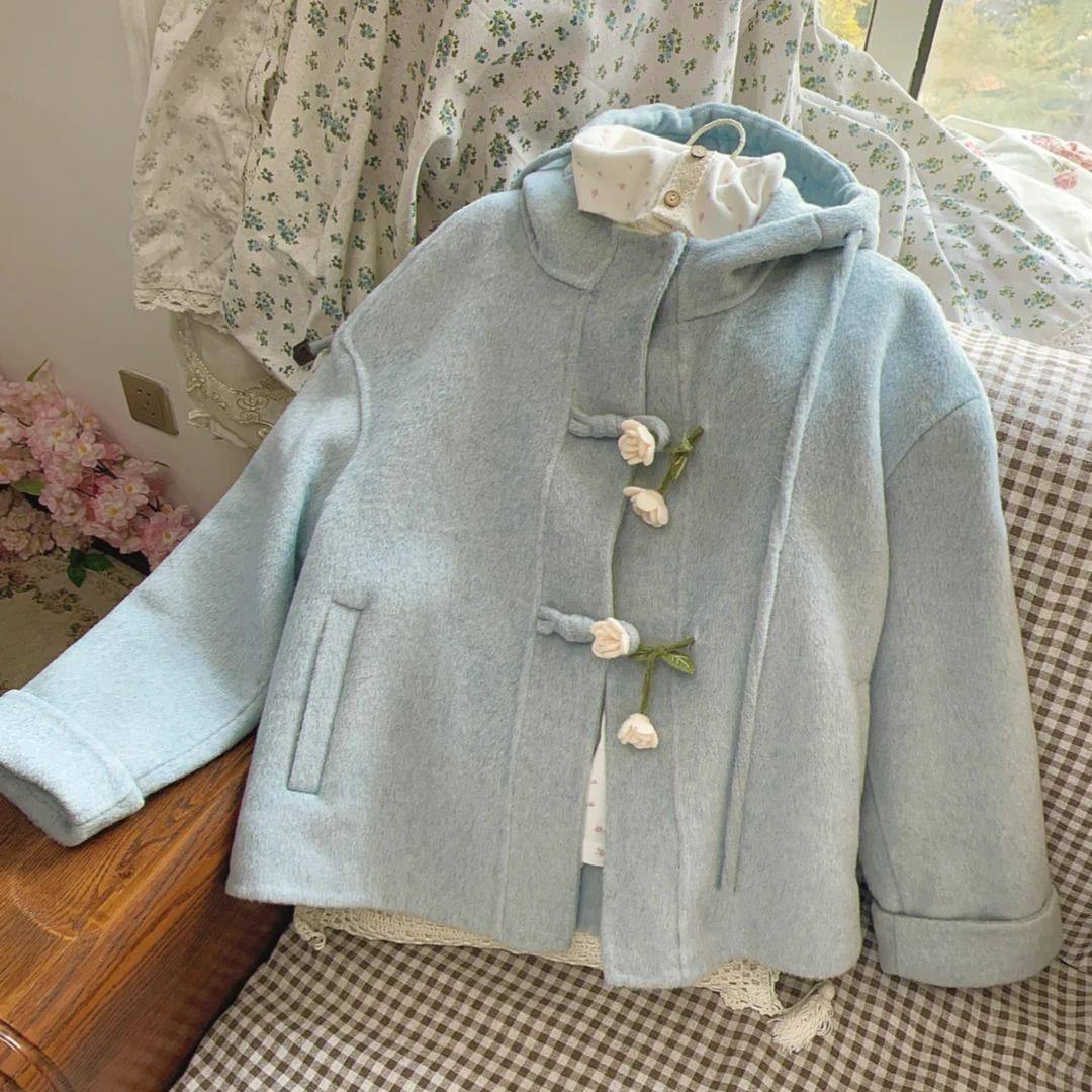冬日铃蓝  森系少女感温柔学院风蓝色连帽小个子毛呢外套冬季新款