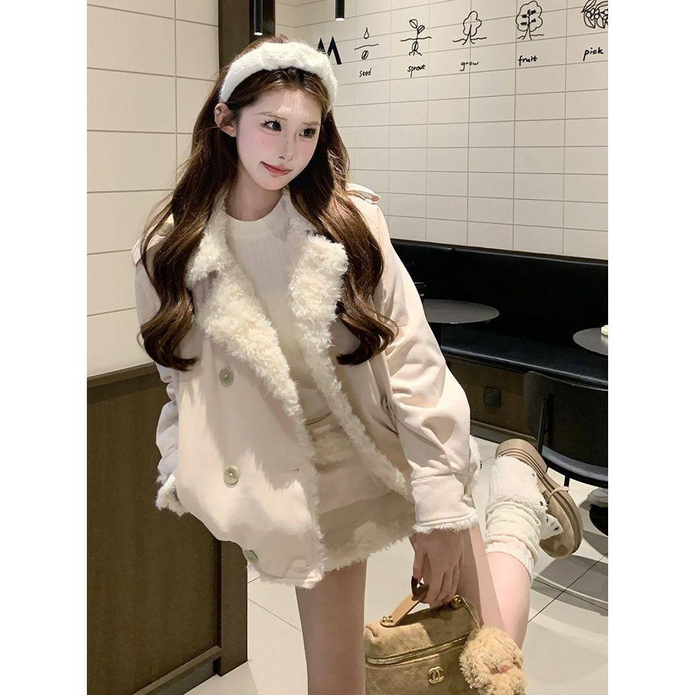 【冬雾济州】气质韩系粉杏色皮毛一体外套+半裙套装女25冬季新款,女装/女士精品,时尚套装,淘宝优惠券,粉丝福利购,淘宝优惠卷