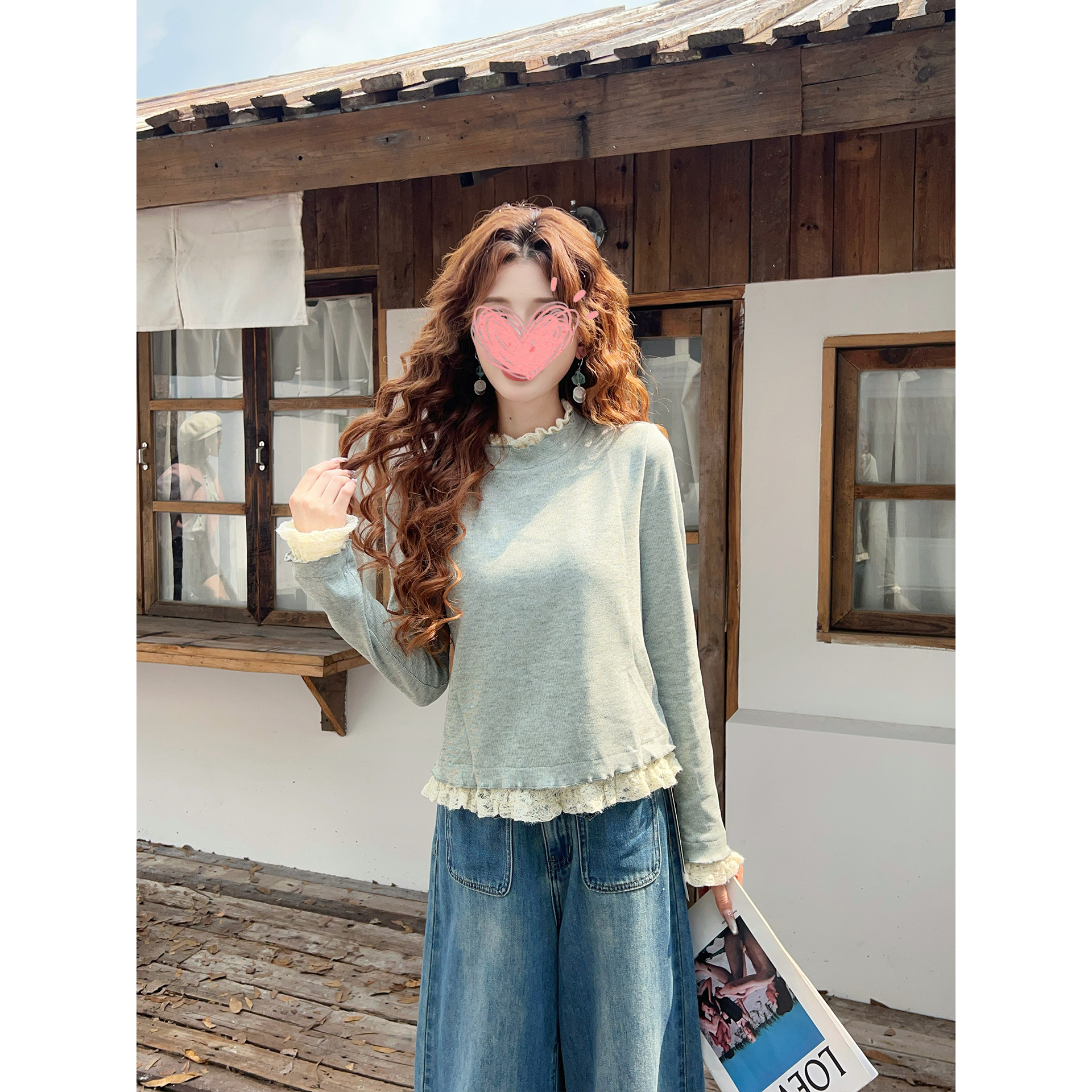 【竹声入画】蕾丝拼接设计感长袖上衣外穿秋冬加绒百搭针织打底衫