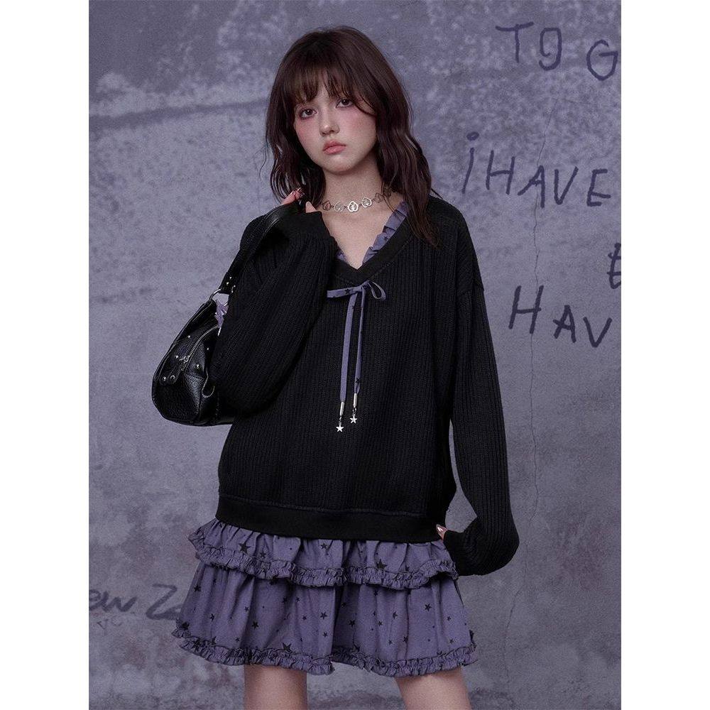 黑化次元 秋冬新款日系哥特风万圣节小魔女黑紫针织拼接连衣裙子