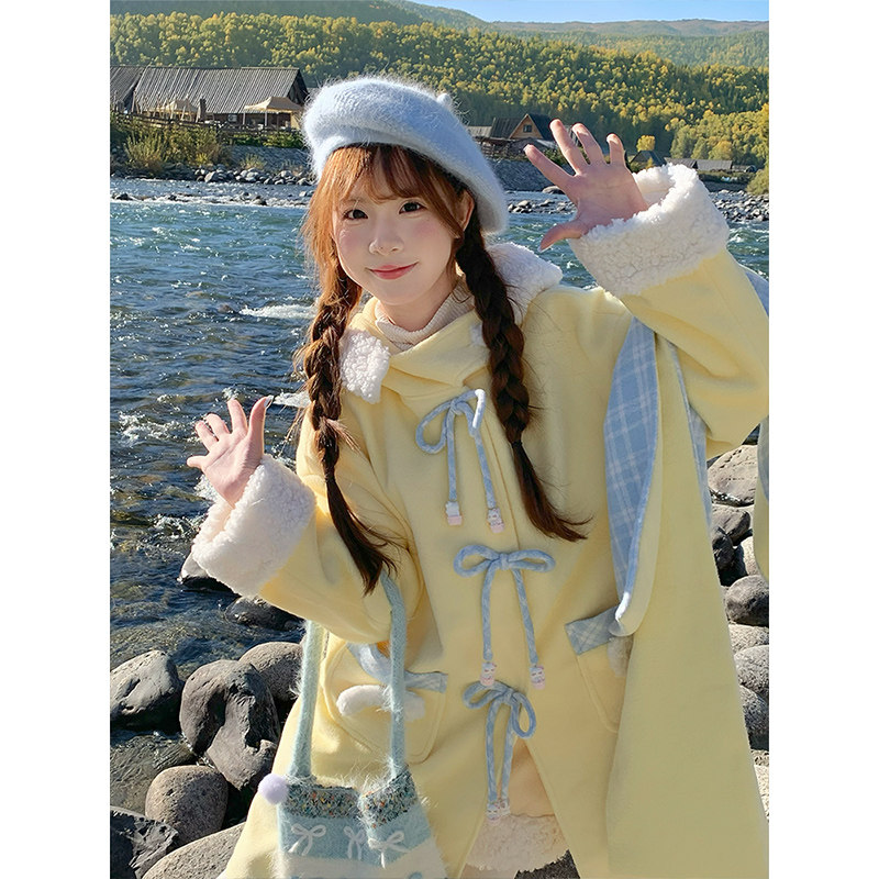 小个子甜美风蝴蝶结奶黄色连帽毛呢外套女秋冬宽松中长款呢子大衣