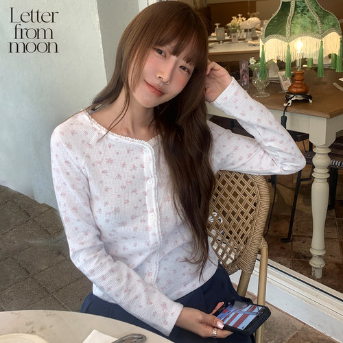 LETTER FROM MOON2026秋季新款华夫格碎花开衫韩系温柔风百搭T恤