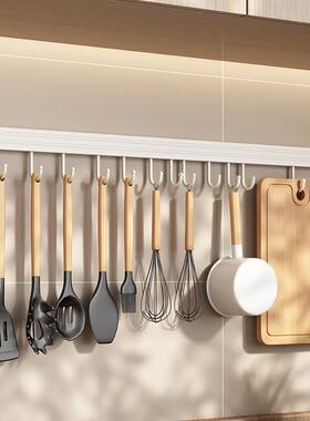 白色厨房挂钩架免打孔一排挂杆壁挂墙上太空铝厨具挂勺子铲子挂架