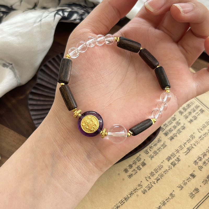 巧恩沉香银配手链女白水晶新中式水晶串珠手串紫水晶平安扣厂家批