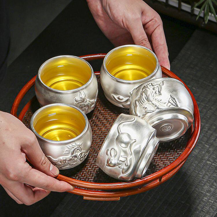 茶具礼品银杯真银包银质大号主人银茶杯十二生肖紫砂鎏银个人杯子