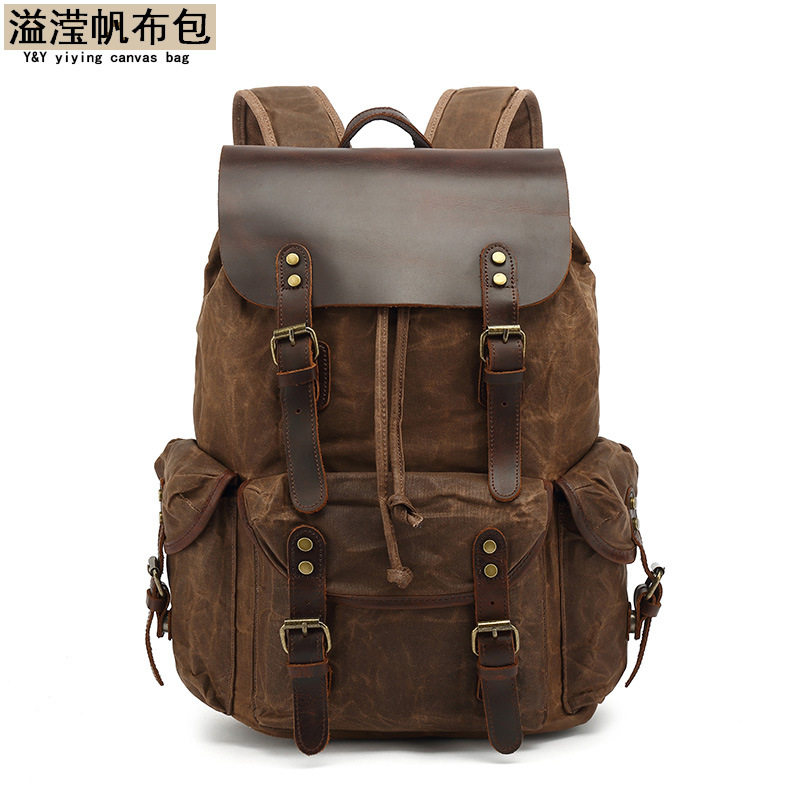 男女背包复古双肩旅行包电脑旅游袋过蜡帆布配疯马皮书包