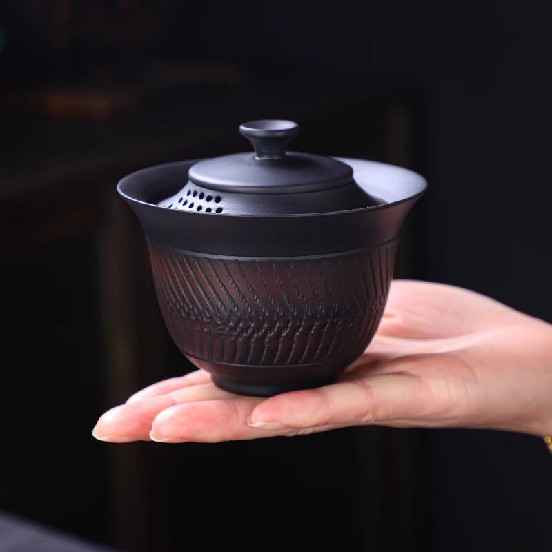 高档紫陶三才盖碗带盖茶杯紫砂手工家用茶碗功夫茶具盖碗套装